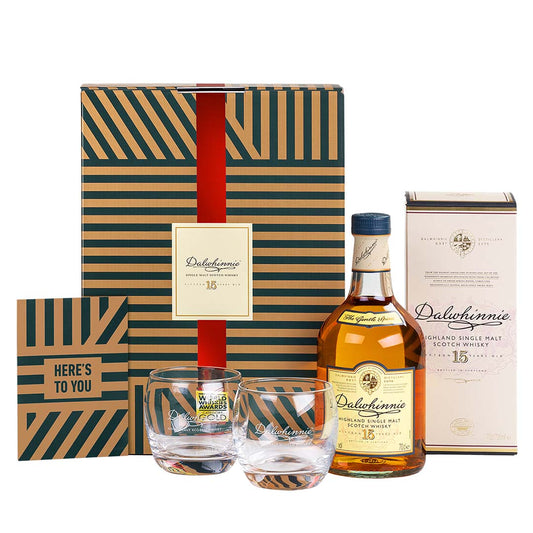 Dalwhinnie 15 Jahre Highland Single Malt Scotch Whisky 70cl im hochwertigen Geschenkset mit Gläsern & Grußkarte