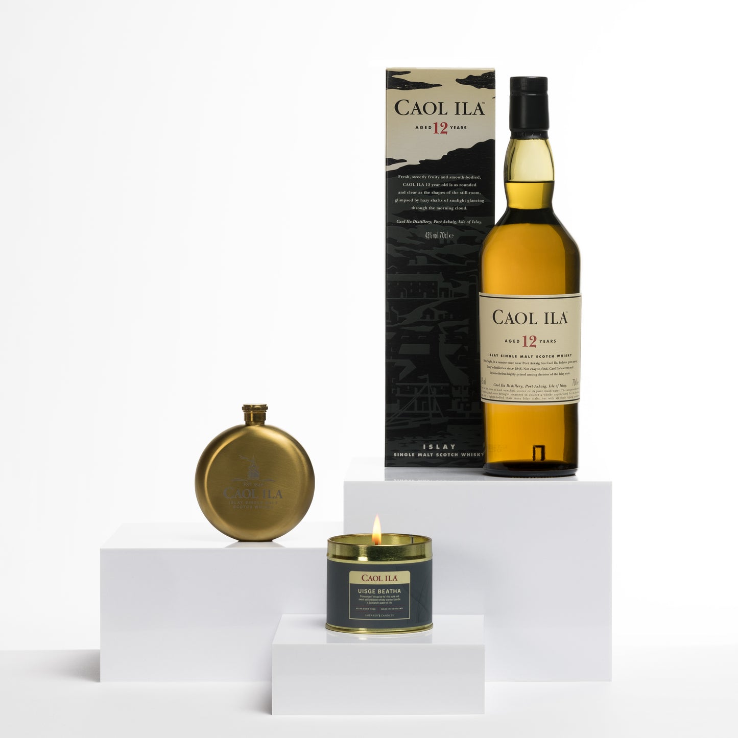 Caol Ila 12 Jahre Single Malt Scotch Whisky, 70cl & Caol Ila Kerze & Caol Ila Runder Flachmann