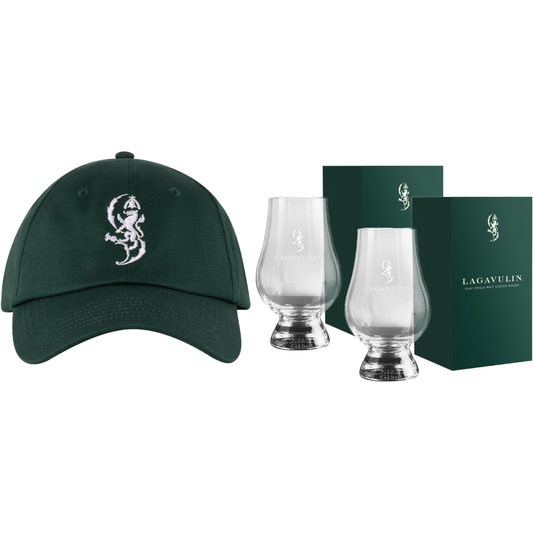 Lagavulin Cap Grün & 2 Lagavulin Glencairn Gläser