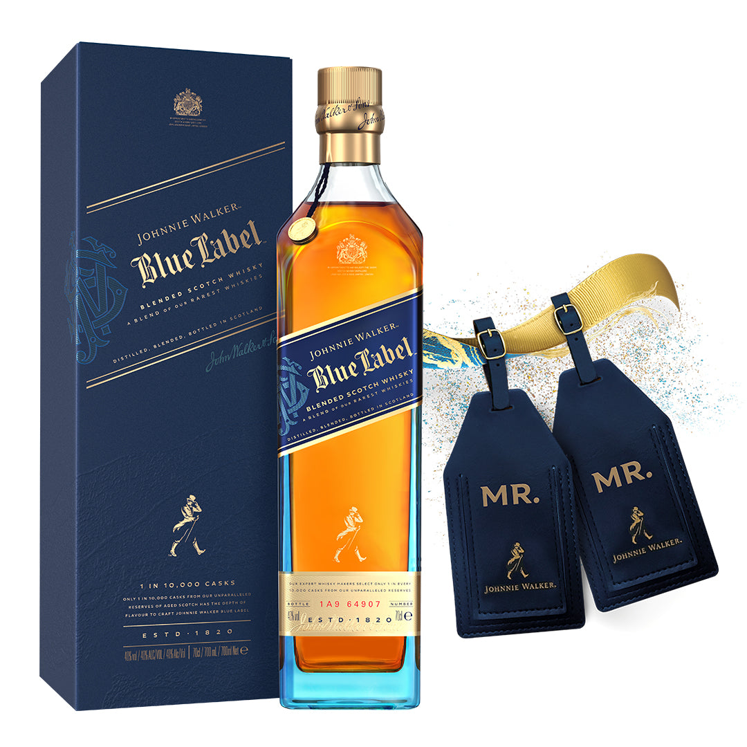 Johnnie Walker Blue Label Blended Scotch Whisky 70cl mit Gepäckanhänger MR. & MR.